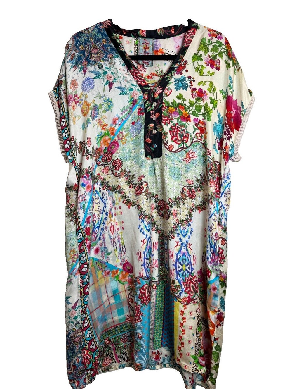 Johnny Was BOHO Silk Floral Tunic Top V-Neck Short Sleeve Button Multicolor MED